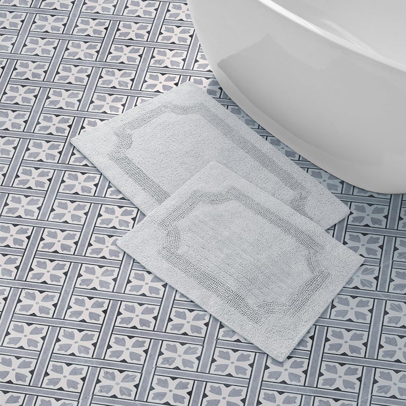 Laura Ashley - Reversible Cotton Bath Mat, Premium Bathroom DÃ©cor, Machine Washable Bathroom Rug, Highly Absorbent, 17"x24"/20"x32" 2-Piece Set, Light Grey - Image 1